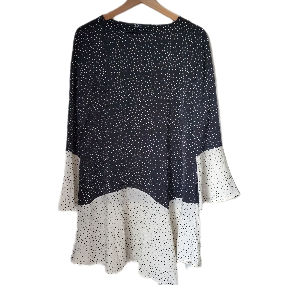 TOV Los Angeles Womens Size 38 Black White Polka Dot Shift Ruffle Dress